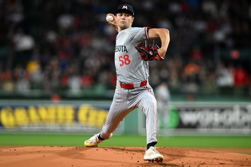 Sep 20, 2024; Boston, Massachusetts, USA; Minnesota Twins starting pitcher David Festa (58) pitches against the Boston Red Sox during the first inning at Fenway Park. Mandatory Credit: Brian Fluharty-Imagn Images