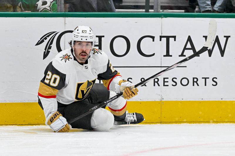 Dec 9, 2023; Dallas, Texas, USA; Vegas Golden Knights center Chandler Stephenson (20) looks for the puck in the Dallas Stars zone during the third period at the American Airlines Center. Mandatory Credit: Jerome Miron-USA TODAY Sports