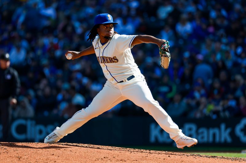 Oct 1, 2023; Seattle, Washington, USA; Seattle Mariners relief pitcher Prelander Berroa (48) throws against the Texas Rangers during the seventh inning at T-Mobile Park. Mandatory Credit: Joe Nicholson-USA TODAY Sports