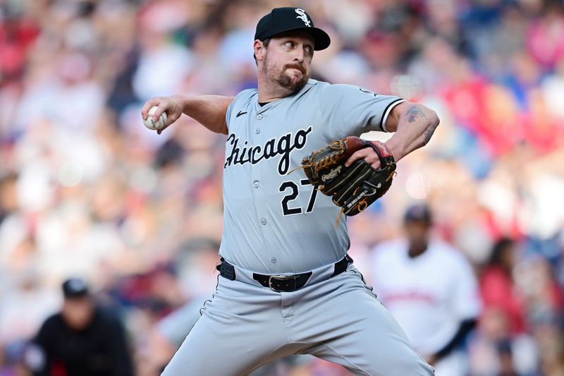 Apr 8, 2024; Cleveland, Ohio, USA; Chicago White Sox relief pitcher Bryan Shaw (27) pitches during the fifth inning against the Cleveland Guardians at Progressive Field. Mandatory Credit: David Dermer-USA TODAY Sports