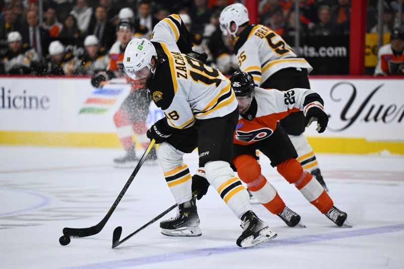 Nov 2, 2024; Philadelphia, Pennsylvania, USA; Boston Bruins center Pavel Zacha (18) battles for the puck against Philadelphia Flyers center Ryan Poehling (25) in the second period at Wells Fargo Center. Mandatory Credit: Kyle Ross-Imagn Images