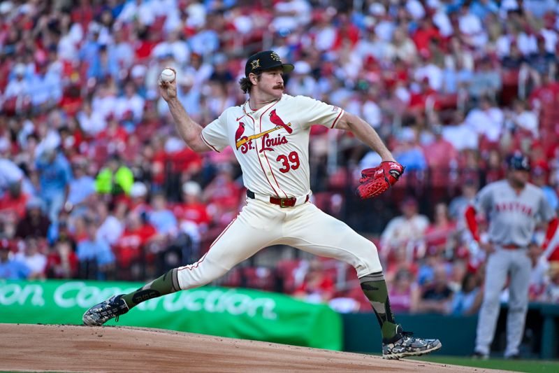 May 18, 2024; St. Louis, Missouri, USA;  St. Louis Cardinals starting pitcher Miles Mikolas (39) pitches against the Boston Red Sox during the first inning at Busch Stadium. Mandatory Credit: Jeff Curry-USA TODAY Sports