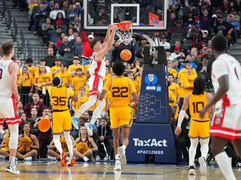 Mar 10, 2023; Las Vegas, NV, USA; Arizona Wildcats guard Pelle Larsson (3) dunks against the Arizona State Sun Devils during the first half at T-Mobile Arena. Mandatory Credit: Stephen R. Sylvanie-USA TODAY Sports