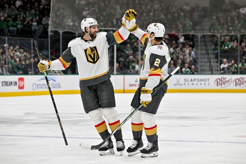 Dec 9, 2023; Dallas, Texas, USA; Vegas Golden Knights defenseman Zach Whitecloud (2) and defenseman Nicolas Hague (14) celebrates a goal scored by Whitecloud against the Dallas Stars during the first period at the American Airlines Center. Mandatory Credit: Jerome Miron-USA TODAY Sports