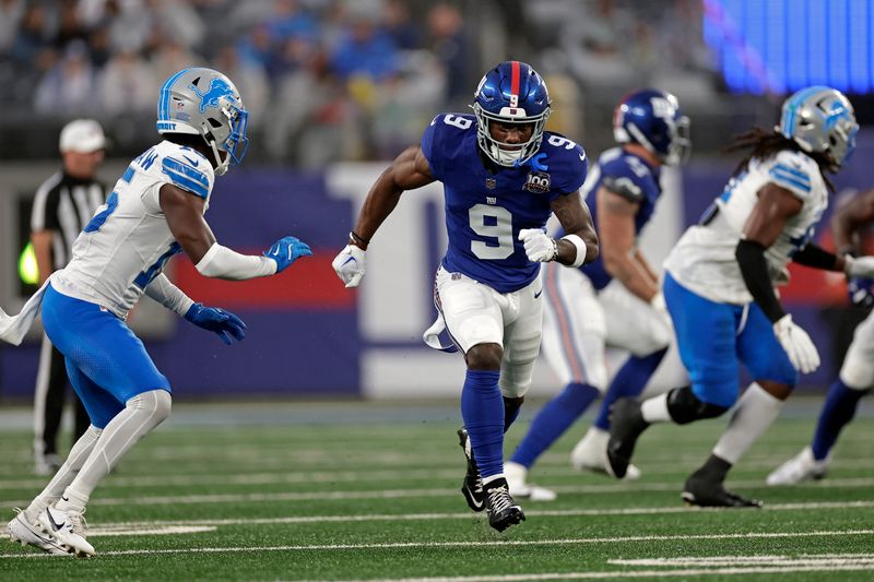 New York Giants wide receiver Malik Nabers (9) in action against the Detroit Lions during an NFL football game Thursday, Aug. 8, 2024, in East Rutherford, N.J. (AP Photo/Adam Hunger)