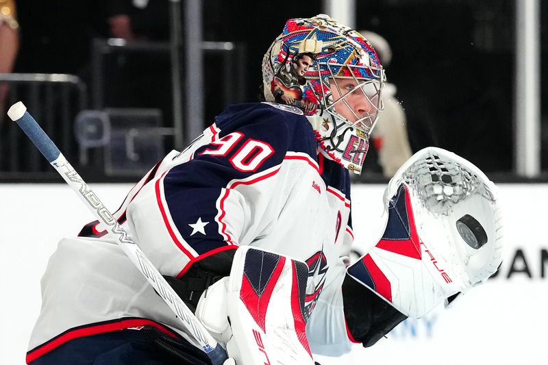 Jan 30, 2025; Las Vegas, Nevada, USA; Columbus Blue Jackets goaltender Elvis Merzlikins (90) warms up before a game against the Vegas Golden Knights at T-Mobile Arena. Mandatory Credit: Stephen R. Sylvanie-Imagn Images