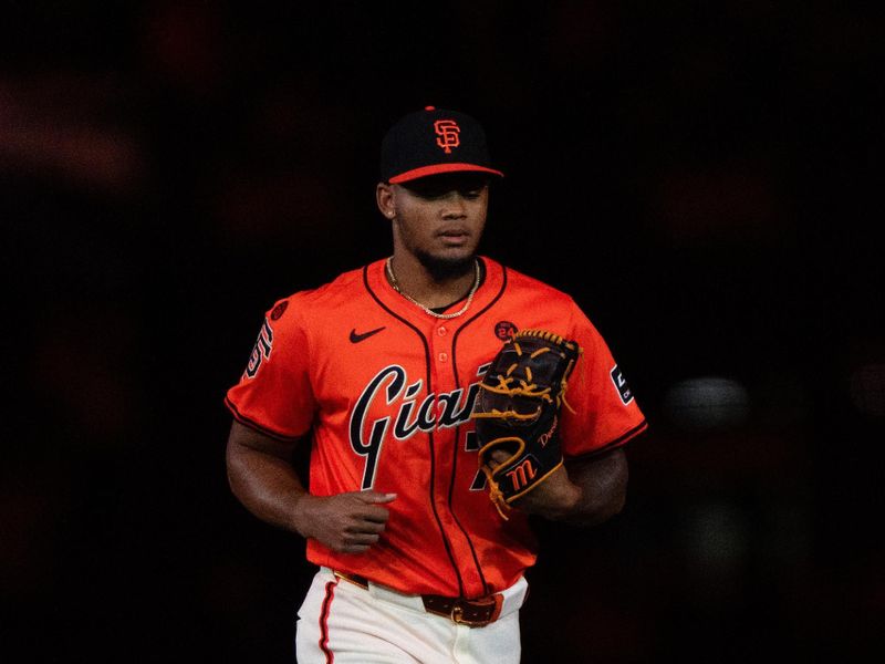 Jul 26, 2024; San Francisco, California, USA;  San Francisco Giants pitcher Camilo Doval (75) walks out of the bullpen during the ninth inning against the Colorado Rockies at Oracle Park. Mandatory Credit: Stan Szeto-USA TODAY Sports