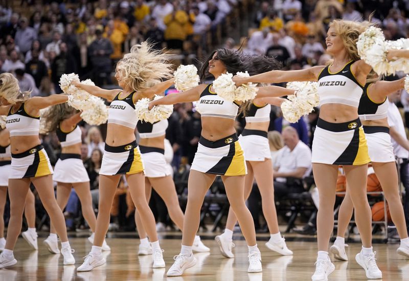 Mar 4, 2023; Columbia, Missouri, USA; The Missouri Tigers cheerleaders perform against the Mississippi Rebels during the first half at Mizzou Arena. Mandatory Credit: Denny Medley-USA TODAY Sports