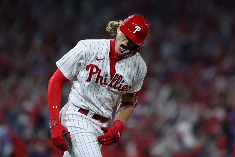 Oct 24, 2023; Philadelphia, Pennsylvania, USA; Philadelphia Phillies first baseman Alec Bohm (28) reacts after hitting a home run against the Arizona Diamondbacks in the second inning for game seven of the NLCS for the 2023 MLB playoffs at Citizens Bank Park. Mandatory Credit: Bill Streicher-USA TODAY Sports