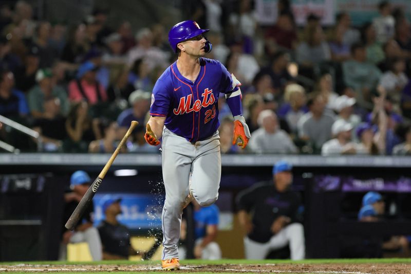 Mar 8, 2024; Jupiter, Florida, USA; New York Mets first baseman Pete Alonso (20) hits a home run against the Miami Marlins during the sixth inning at Roger Dean Chevrolet Stadium. Mandatory Credit: Sam Navarro-USA TODAY Sports