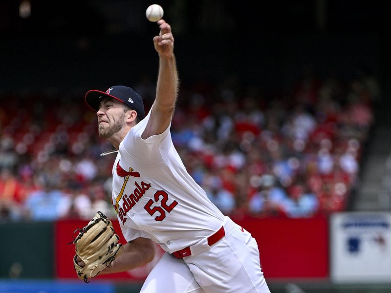 May 5, 2024; St. Louis, Missouri, USA;  St. Louis Cardinals starting pitcher Matthew Liberatore (52) pitches against the Chicago White Sox during the first inning at Busch Stadium. Mandatory Credit: Jeff Curry-USA TODAY Sports
