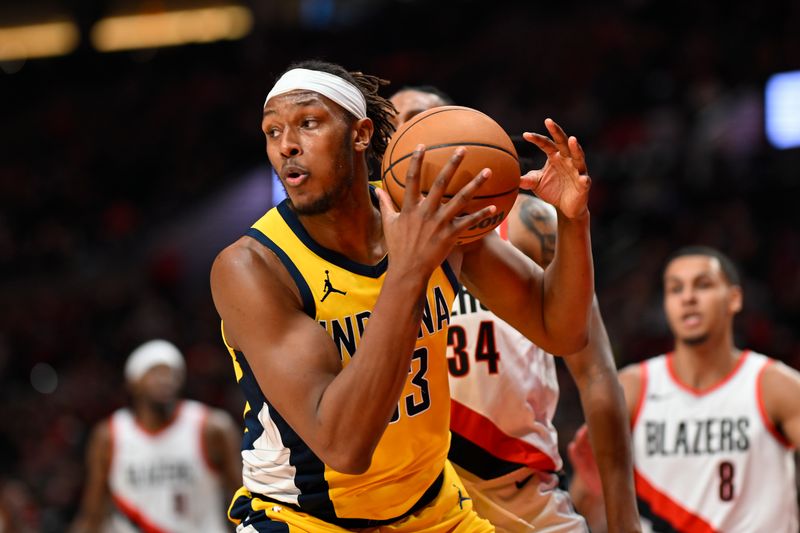 PORTLAND, OREGON - JANUARY 19: Myles Turner #33 of the Indiana Pacers in action during the second quarter of the game against the Portland Trail Blazers at the Moda Center on January 19, 2024 in Portland, Oregon. The Portland Trail Blazers won 118-115. NOTE TO USER: User expressly acknowledges and agrees that, by downloading and or using this photograph, User is consenting to the terms and conditions of the Getty Images License Agreement. (Photo by Alika Jenner/Getty Images)