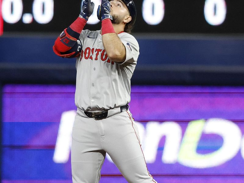 Jul 2, 2024; Miami, Florida, USA;  Boston Red Sox right fielder Wilyer Abreu (52) reacts after hitting a double against the Miami Marlins in the first inning at loanDepot Park. Mandatory Credit: Rhona Wise-USA TODAY Sports