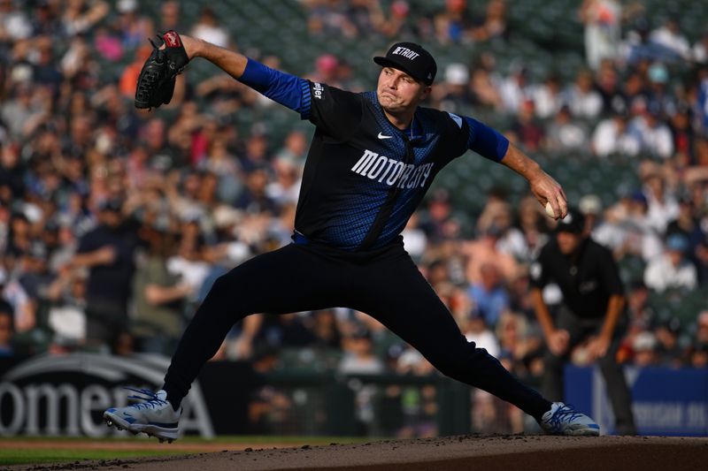 Jul 12, 2024; Detroit, Michigan, USA; Detroit Tigers starting pitcher Tarik Skubal (29) throws a pitch against the Los Angeles Dodgers in the first inning at Comerica Park. Mandatory Credit: Lon Horwedel-USA TODAY Sports