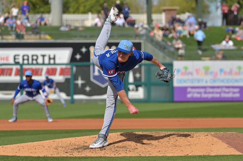 Feb 20, 2026; Surprise, Arizona, USA;  Kansas City Royals pitcher Eric Cerantola (61) delivers to the plate in the fifth inning against the Texas Rangers at Surprise Stadium. Mandatory Credit: Jayne Kamin-Oncea-Imagn Images