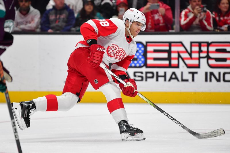 Jan 7, 2024; Anaheim, California, USA; Detroit Red Wings right wing Patrick Kane (88) shoots on goal against the Anaheim Ducks during the first period at Honda Center. Mandatory Credit: Gary A. Vasquez-USA TODAY Sports