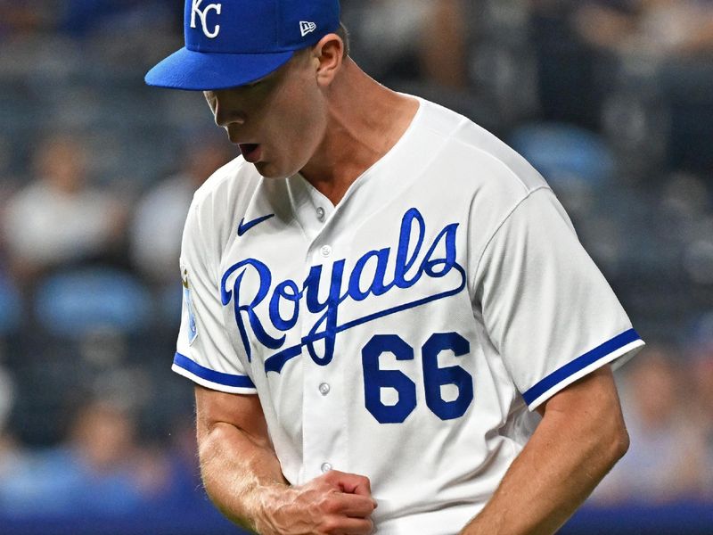 Sep 19, 2023; Kansas City, Missouri, USA; Kansas City Royals relief pitcher James McArthur (66) reacts after striking out the final batter in the eighth inning against the Cleveland Guardians at Kauffman Stadium. Mandatory Credit: Peter Aiken-USA TODAY Sports