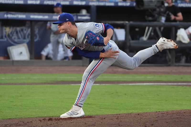 Jun 5, 2025; Tampa, Florida, USA; Texas Rangers pitcher Jack Leiter (35) throws a pitch against the Tampa Bay Rays during the first inning at George M. Steinbrenner Field. Mandatory Credit: Dave Nelson-Imagn Images