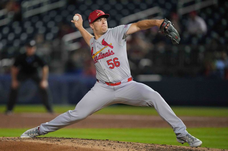 Mar 8, 2024; West Palm Beach, Florida, USA; St. Louis Cardinals pitcher Ryan Hensley (56) pitches in the fourth inning against the Washington Nationals at CACTI Park of the Palm Beaches. Mandatory Credit: Jim Rassol-USA TODAY Sports