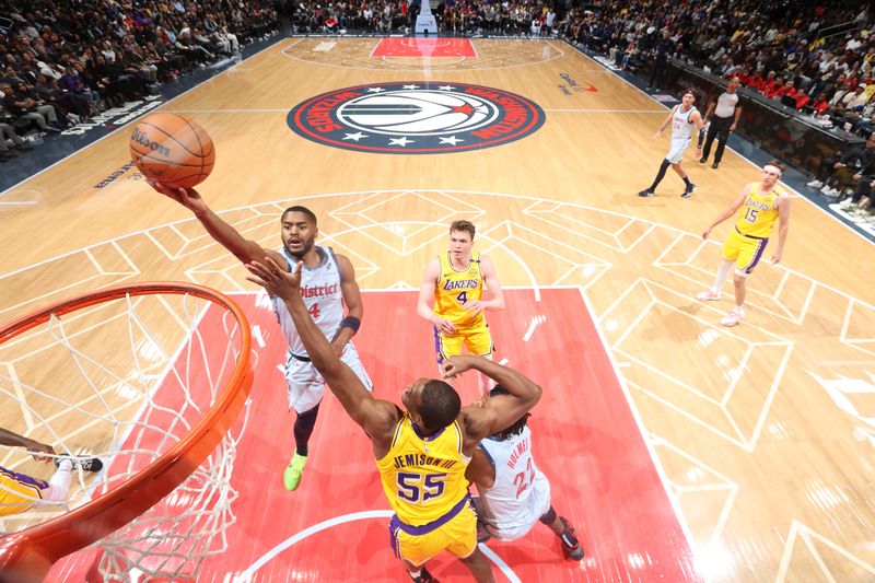 WASHINGTON, DC -? JANUARY 30:  Jared Butler #4 of the Washington Wizards drives to the basket during the game against the Los Angeles Lakers on January 30, 2025 at Capital One Arena in Washington, DC. NOTE TO USER: User expressly acknowledges and agrees that, by downloading and or using this Photograph, user is consenting to the terms and conditions of the Getty Images License Agreement. Mandatory Copyright Notice: Copyright 2025 NBAE (Photo by Stephen Gosling/NBAE via Getty Images)