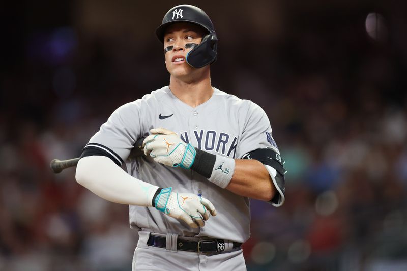 Aug 16, 2023; Atlanta, Georgia, USA; New York Yankees designated hitter Aaron Judge (99) reacts after a foul ball against the Atlanta Braves in the ninth inning at Truist Park. Mandatory Credit: Brett Davis-USA TODAY Sports