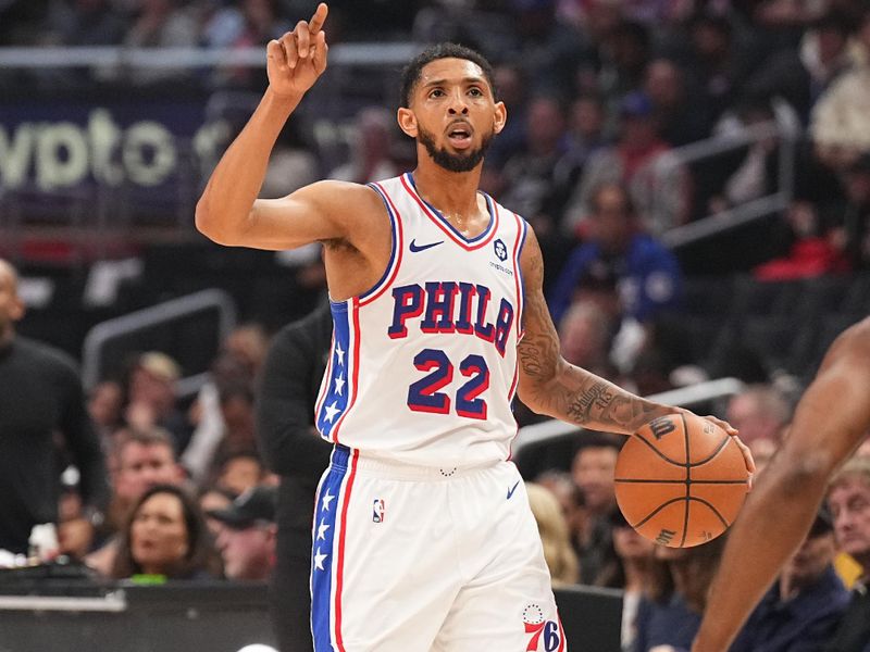 LOS ANGELES, CA - MARCH 24: Cameron Payne #22 of the Philadelphia 76ers dribbles the ball during the game against the LA Clippers on March 24, 2024 at Crypto.Com Arena in Los Angeles, California. NOTE TO USER: User expressly acknowledges and agrees that, by downloading and/or using this Photograph, user is consenting to the terms and conditions of the Getty Images License Agreement. Mandatory Copyright Notice: Copyright 2024 NBAE (Photo by Garrett Ellwood/NBAE via Getty Images)