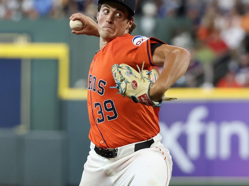 Jun 21, 2024; Houston, Texas, USA; Houston Astros starting pitcher Jake Bloss (39) pitches against the Baltimore Orioles in the second inning at Minute Maid Park. Mandatory Credit: Thomas Shea-USA TODAY Sports