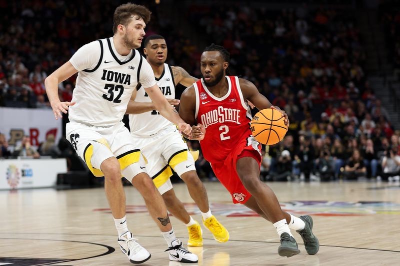 Mar 14, 2024; Minneapolis, MN, USA; Ohio State Buckeyes guard Bruce Thornton (2) dribbles around Iowa Hawkeyes forward Owen Freeman (32) during the second half at Target Center. Mandatory Credit: Matt Krohn-USA TODAY Sports