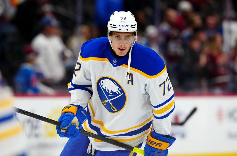 Nov 13, 2025; Denver, Colorado, USA; Buffalo Sabres center Tage Thompson (72) before a game against the Colorado Avalanche at Ball Arena. Mandatory Credit: Ron Chenoy-Imagn Images