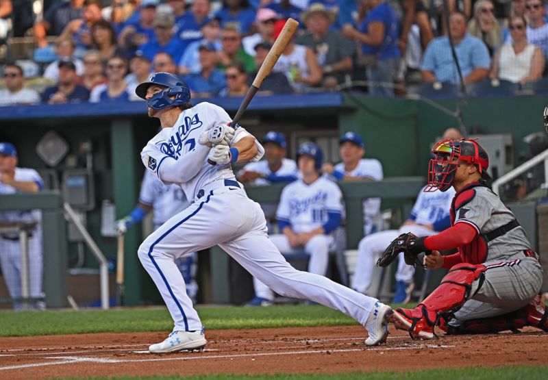 Jul 29, 2023; Kansas City, Missouri, USA;  Kansas City Royals shortstop Bobby Witt Jr. (7) hits a solo home run during the first inning against the Minnesota Twins at Kauffman Stadium. Mandatory Credit: Peter Aiken-USA TODAY Sports