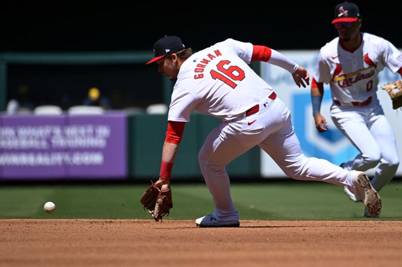 Apr 21, 2024; St. Louis, Missouri, USA; St. Louis Cardinals second baseman Nolan Gorman (16) fields a ground ball by the Milwaukee Brewers in the fourth inning at Busch Stadium. Mandatory Credit: Joe Puetz-USA TODAY Sports