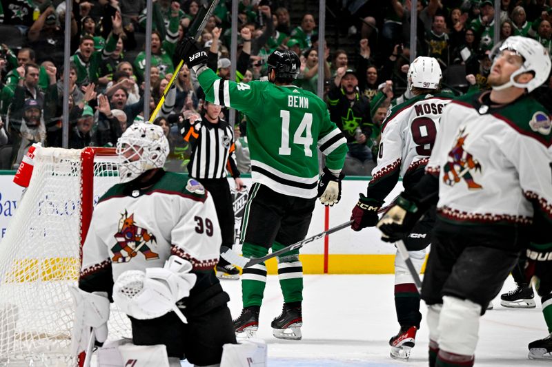 Mar 20, 2024; Dallas, Texas, USA; Dallas Stars left wing Jamie Benn (14) celebrates after he scores a goal against Arizona Coyotes goaltender Connor Ingram (39) during the second period at the American Airlines Center. Mandatory Credit: Jerome Miron-USA TODAY Sports