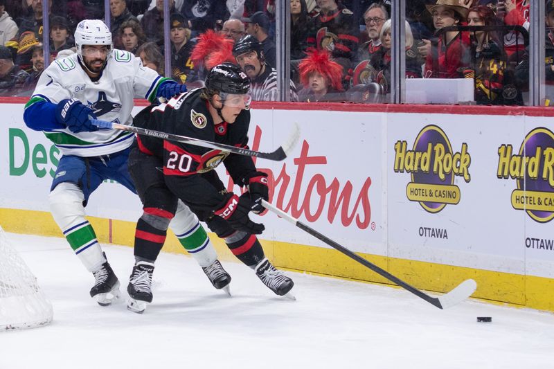 Jan 13, 2026; Ottawa, Ontario, CAN; Vancouver Canucks defenseman Pierre-Olivier Joseph (7) battles with Ottawa Senators left wing Fabian Zetterlund (20) in the first period at the Canadian Tire Centre. Mandatory Credit: Marc DesRosiers-IMAGN Images