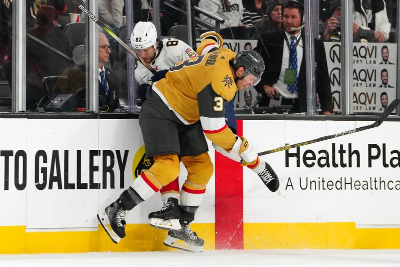 Jan 4, 2024; Las Vegas, Nevada, USA; Vegas Golden Knights defenseman Brayden McNabb (3) checks Florida Panthers center Kevin Stenlund (82) during the third period at T-Mobile Arena. Mandatory Credit: Stephen R. Sylvanie-USA TODAY Sports