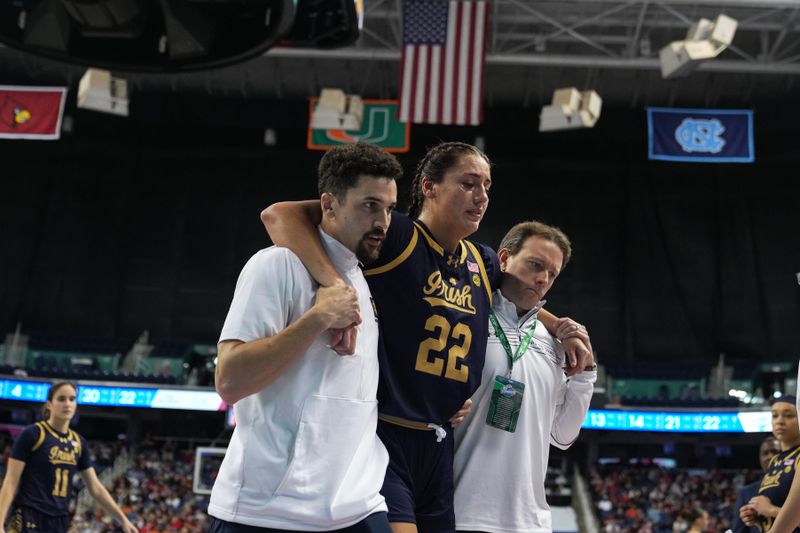 Mar 9, 2024; Greensboro, NC, USA; Notre Dame Fighting Irish forward Kylee Watson (22) is helped from the court after an injury during the second half against the Virginia Tech Hokies at Greensboro Coliseum. Mandatory Credit: David Yeazell-USA TODAY Sports