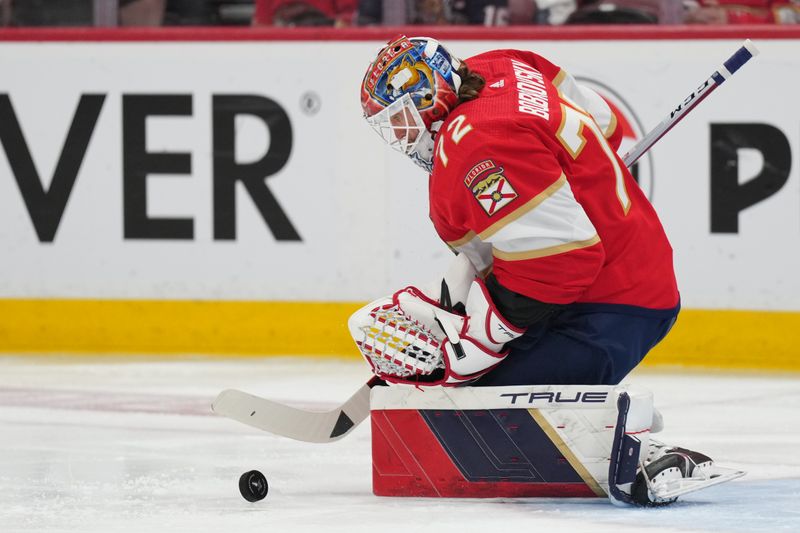 Apr 29, 2024; Sunrise, Florida, USA; Florida Panthers goaltender Sergei Bobrovsky (72) makes a save against the Tampa Bay Lightning during the first period in game five of the first round of the 2024 Stanley Cup Playoffs at Amerant Bank Arena. Mandatory Credit: Jim Rassol-USA TODAY Sports