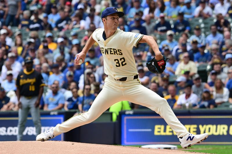 Jun 25, 2025; Milwaukee, Wisconsin, USA; Milwaukee Brewers starting pitcher Jacob Misiorowski (32) throws a pitch in the first inning against the Pittsburgh Pirates at American Family Field. Mandatory Credit: Benny Sieu-Imagn Images