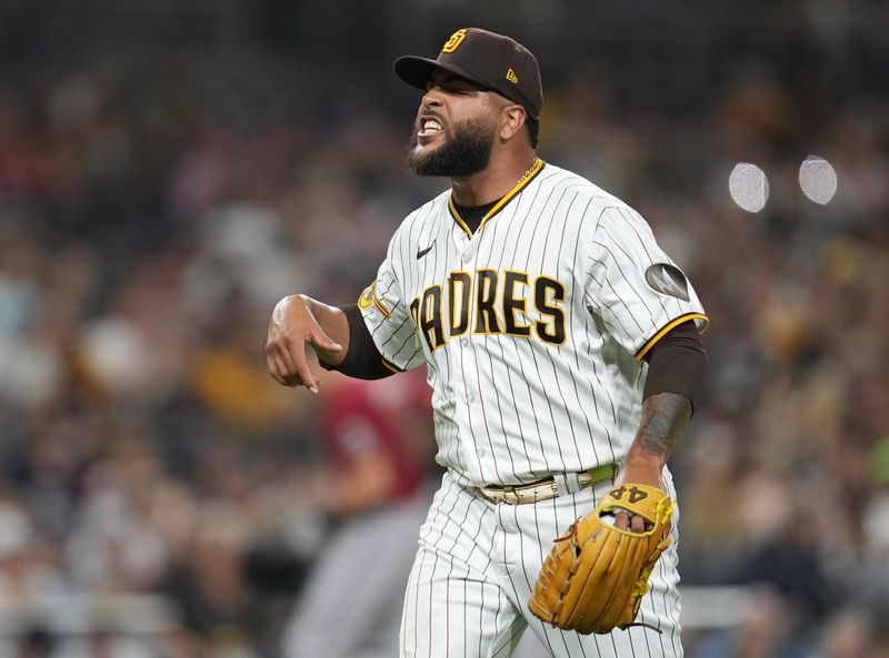 Aug 17, 2023; San Diego, California, USA;  San Diego Padres relief pitcher Pedro Avila (60) reacts leaving the field after the third out against the Arizona Diamondbacks during the eighth inning at Petco Park. Mandatory Credit: Ray Acevedo-USA TODAY Sports