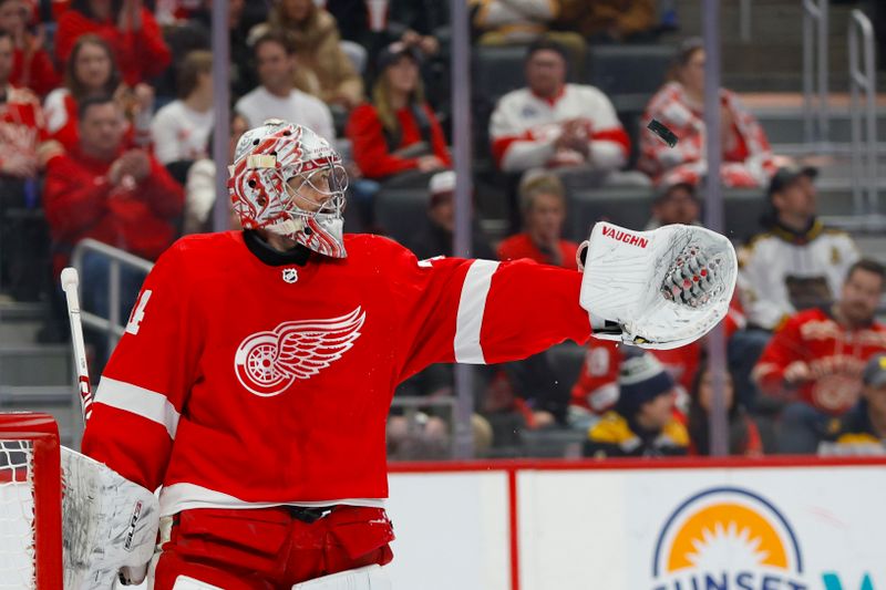 Dec 31, 2023; Detroit, Michigan, USA; Detroit Red Wings goaltender Alex Lyon (34) tosses the puck during the first period of the game between the Boston Bruins and the Detroit Red Wings at Little Caesars Arena. Mandatory Credit: Brian Bradshaw Sevald-USA TODAY Sports