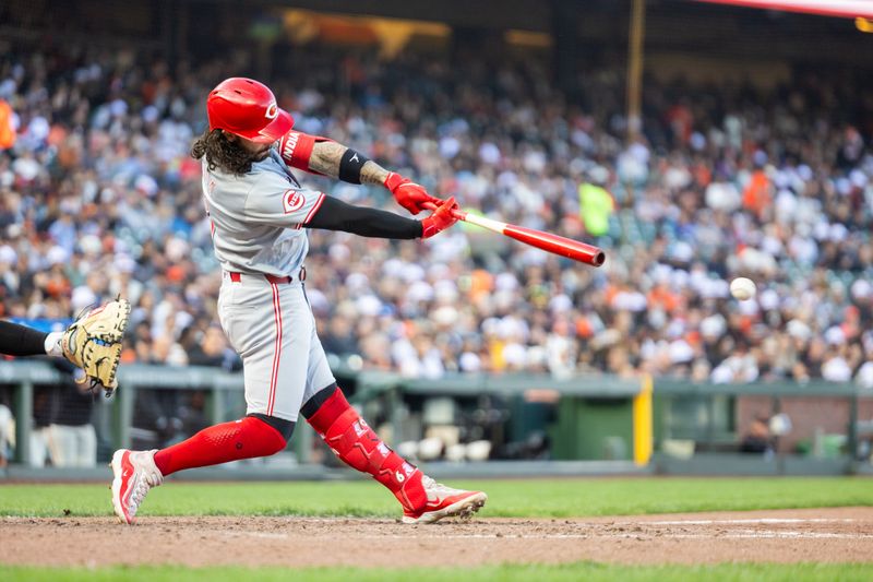 May 11, 2024; San Francisco, California, USA; Cincinnati Reds second base Jonathan India (6) hits into a double play against the San Francisco Giants during the seventh inning at Oracle Park. Mandatory Credit: Bob Kupbens-USA TODAY Sports