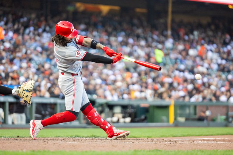 May 11, 2024; San Francisco, California, USA; Cincinnati Reds second base Jonathan India (6) hits into a double play against the San Francisco Giants during the seventh inning at Oracle Park. Mandatory Credit: Bob Kupbens-USA TODAY Sports