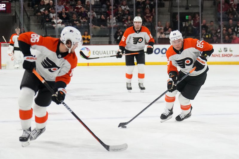 Dec 7, 2023; Tempe, Arizona, USA; Philadelphia Flyers right wing Cam Atkinson (89) skates the puck against the Arizona Coyotes during the first period at Mullett Arena. Mandatory Credit: Joe Camporeale-USA TODAY Sports