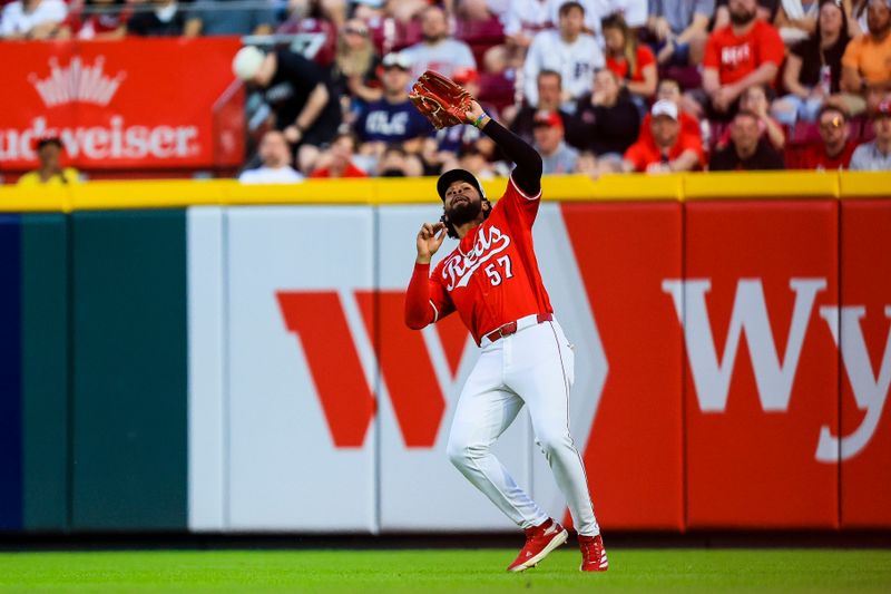 May 17, 2025; Cincinnati, Ohio, USA; Cincinnati Reds outfielder Rece Hinds (57) catches a pop up hit by Cleveland Guardians outfielder Steven Kwan (not pictured) in the eighth inning at Great American Ball Park. Mandatory Credit: Katie Stratman-Imagn Images
