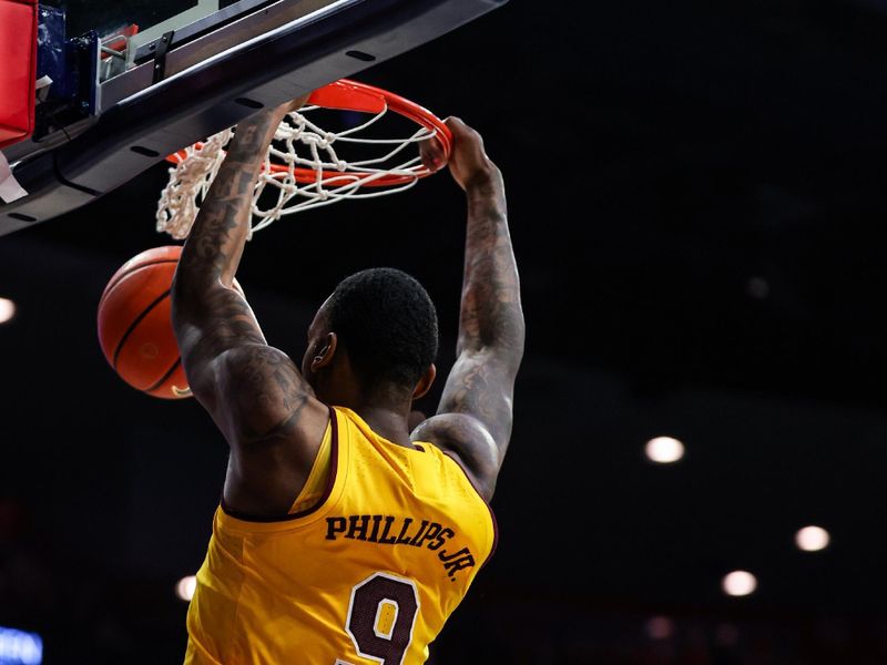 Mar 4, 2025; Tucson, Arizona, USA; Arizona Wildcats guard Conrad Martinez (55) fails to block Arizona State Sun Devils center Shawn Philips Jr. (9) from a dunk during the first half at McKale Center. Mandatory Credit: Aryanna Frank-Imagn Images