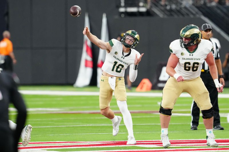 Oct 21, 2023; Paradise, Nevada, USA; Colorado State Rams quarterback Brayden Fowler-Nicolosi (16) makes a pass attempt against the UNLV Rebels during the second quarter at Allegiant Stadium. Mandatory Credit: Stephen R. Sylvanie-USA TODAY Sports