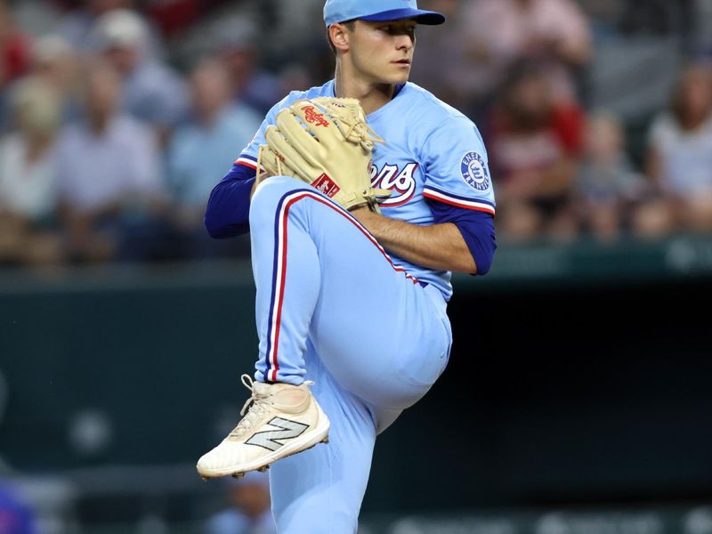 Jun 29, 2025; Arlington, Texas, USA; Texas Rangers pitcher Jack Leiter (35) throws a pitch during the first inning against the Seattle Mariners at Globe Life Field. Mandatory Credit: Tim Heitman-Imagn Images