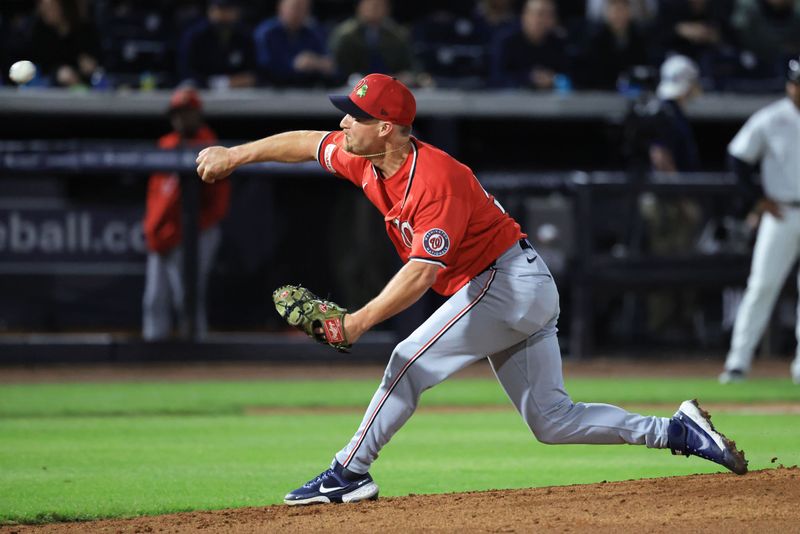 Feb 25, 2026; Tampa, Florida, USA; Washington Nationals pitcher Trevor Gott (58) throws a pitch during the fourth inning against the New York Yankees at George M. Steinbrenner Field. Mandatory Credit: Kim Klement Neitzel-Imagn Images