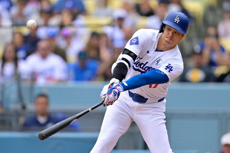 Jun 2, 2024; Los Angeles, California, USA;  Los Angeles Dodgers designated hitter Shohei Ohtani (17) at bat in the first inning against the Colorado Rockies at Dodger Stadium. Mandatory Credit: Jayne Kamin-Oncea-USA TODAY Sports