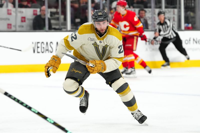 Jan 13, 2024; Las Vegas, Nevada, USA; Vegas Golden Knights right wing Michael Amadio (22) skates against the Calgary Flames during the second period at T-Mobile Arena. Mandatory Credit: Stephen R. Sylvanie-USA TODAY Sports