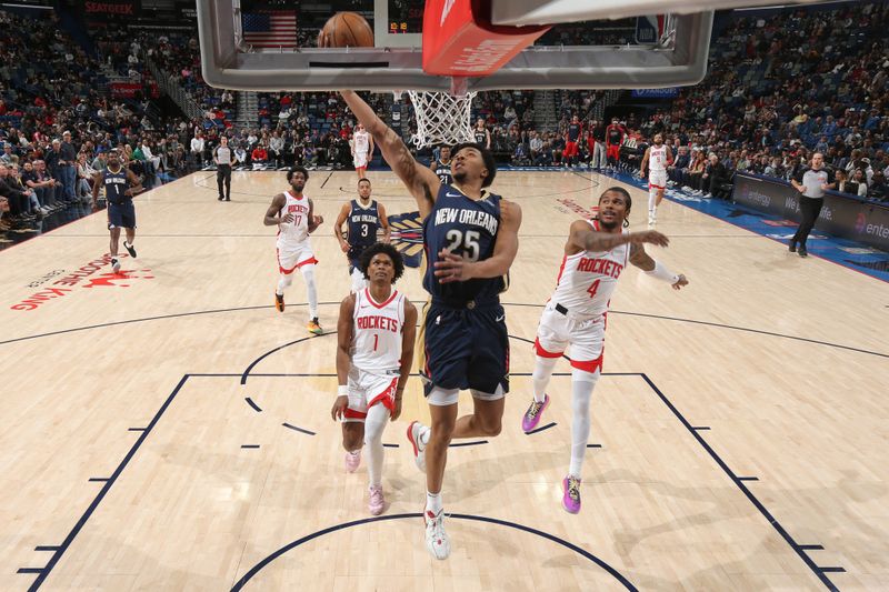 NEW ORLEANS, LA - MARCH 6: Trey Murphy III #25 of the New Orleans Pelicans drives to the basket during the game against the Houston Rockets on March 6, 2025 at the Smoothie King Center in New Orleans, Louisiana. NOTE TO USER: User expressly acknowledges and agrees that, by downloading and or using this Photograph, user is consenting to the terms and conditions of the Getty Images License Agreement. Mandatory Copyright Notice: Copyright 2025 NBAE (Photo by Layne Murdoch Jr./NBAE via Getty Images)